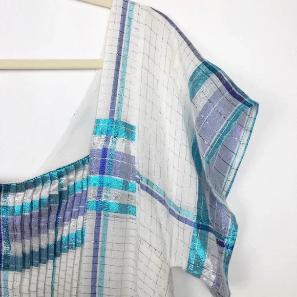 Free People Mini Dress White Blue Metallic Plaid S - Picture 4 of 13